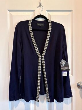 NWT Jones New York Collection Woman Knit Cardigan Silver Bead Trim Navy Blue 2X